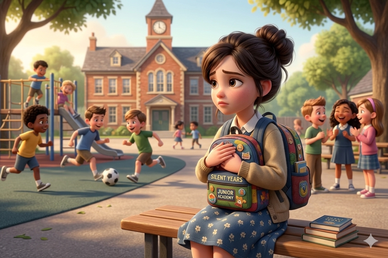 A young woman outside a school